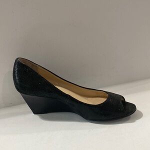Calvin Klein Women's Black Shiny Peep Toe Slip On Wedge Pumps Size 6